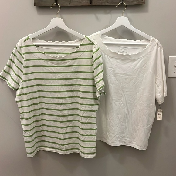 Two 2 Scalloped Neck Tee Shirts 100% Pima Cotton Size 2X White NWT Striped Green - Picture 1 of 12